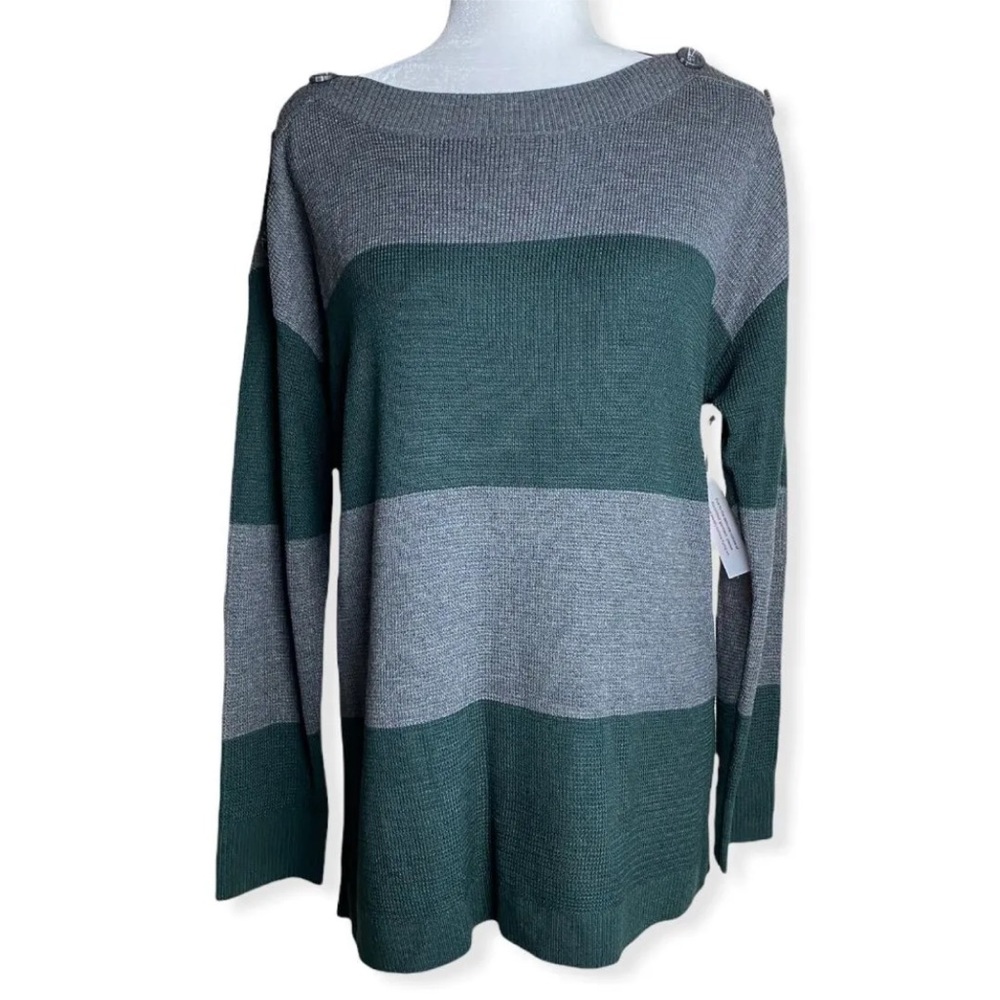 Vince Camuto Button Shoulder Colorblock Striped Sweater, Size L